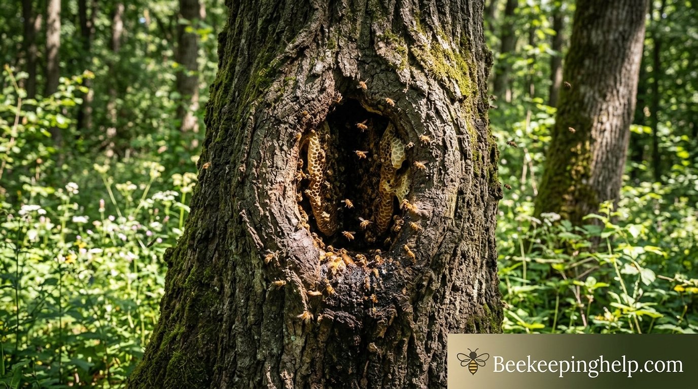 A wild honey bee colony built inside the hollow trunk of an old tree