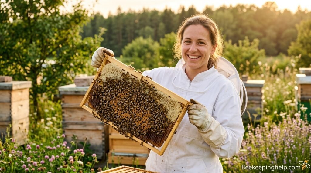 Beekeeper holding a frame covered with honeybees in golden sunlight