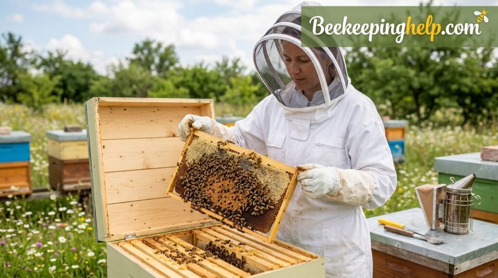 Beekeeper inspecting a frame pulled from a Langstroth hive body