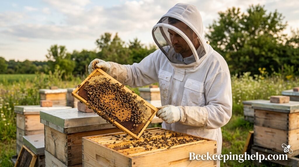 Beekeeper inspecting a hive frame with bees
