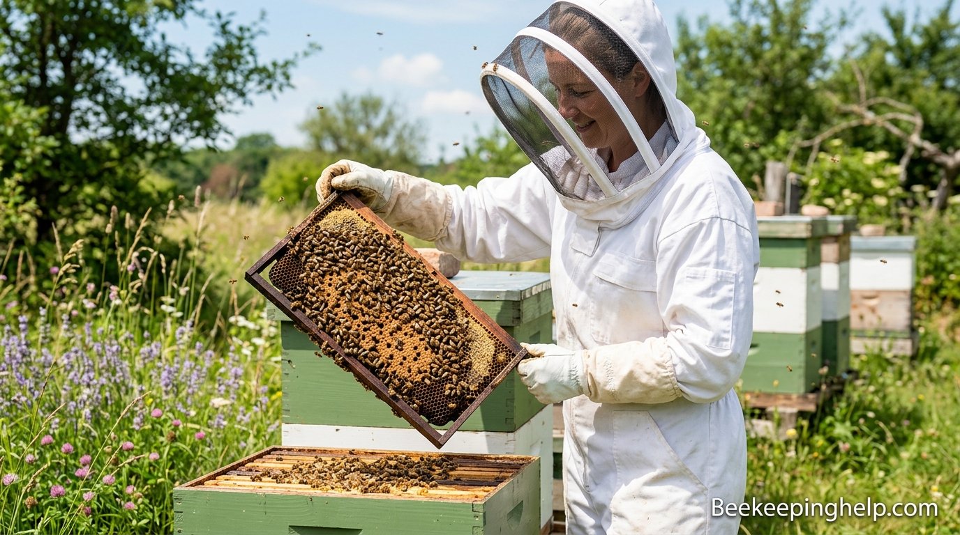 Beekeeper inspecting a wooden Langstroth hive frame full of bees
