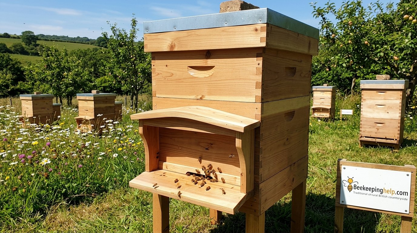 British National beehive with distinctive curved porch entrance in a countryside apiary