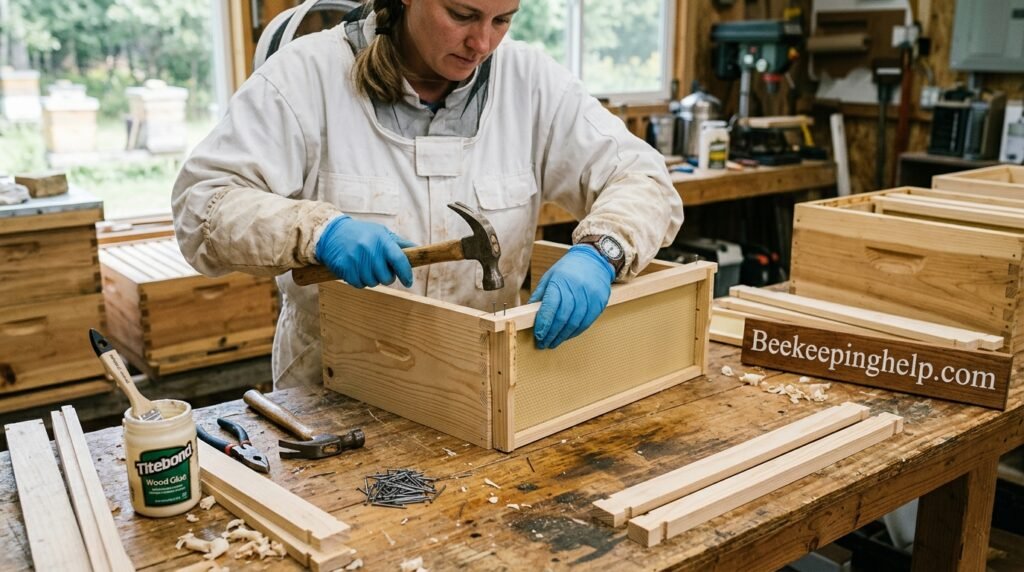 Close up of a beekeeper assembling wooden hive frames on a workbench