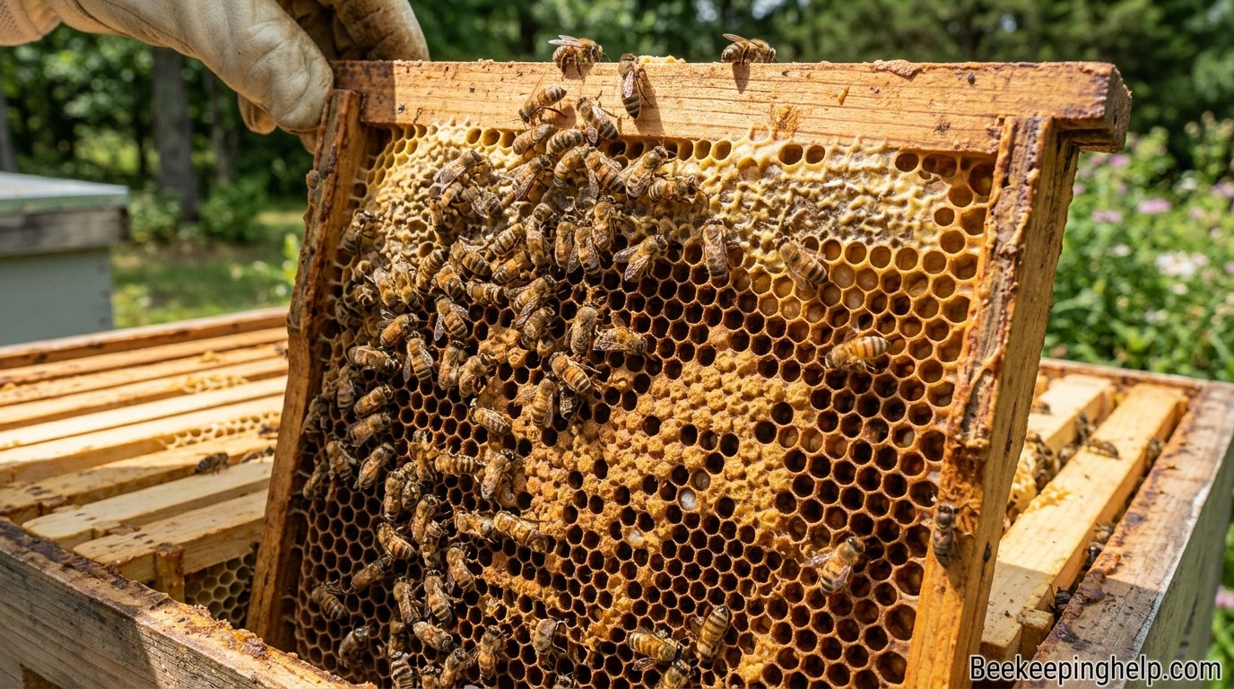 Close-up of a working beehive with honeybees on honeycomb frames