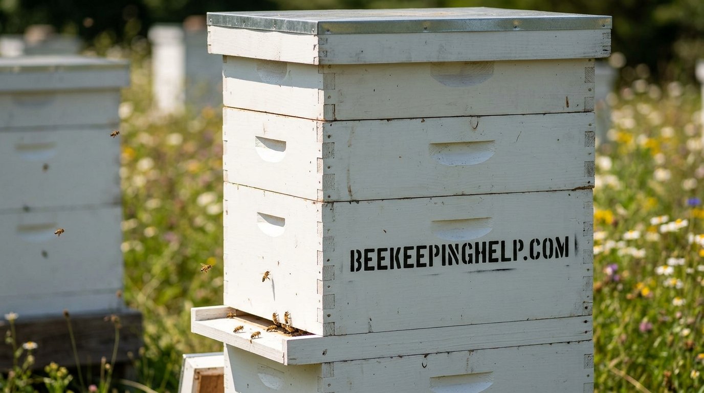 Close-up of assembled Langstroth beehive boxes stacked in an apiary