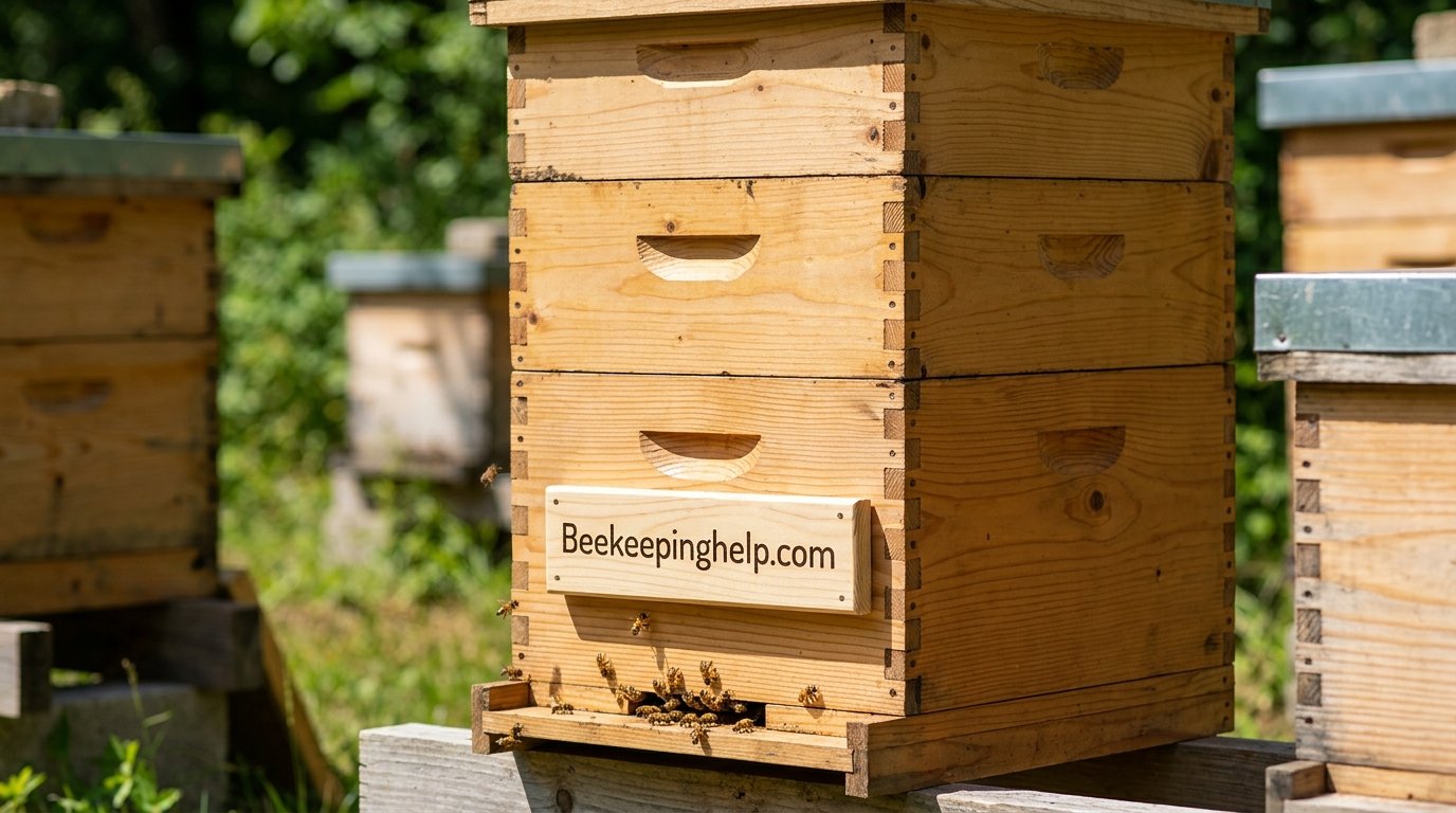Close-up of assembled Langstroth beehive boxes stacked in an apiary