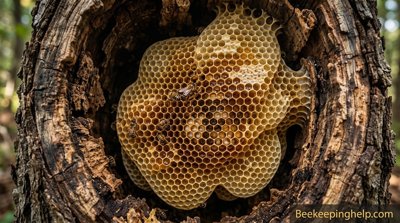Close-up of exposed honeycomb inside a tree cavity