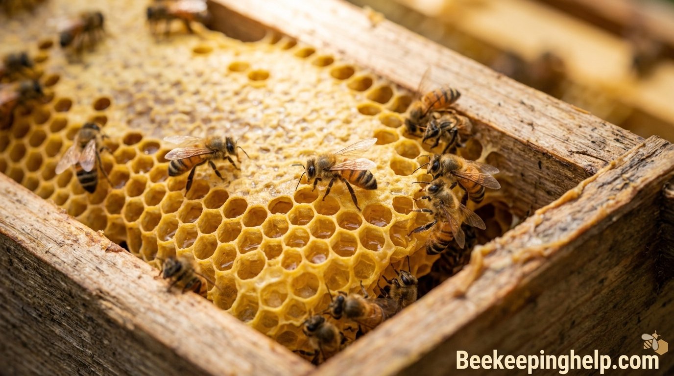 Close-up of honeybees working on golden honeycomb inside a wooden hive