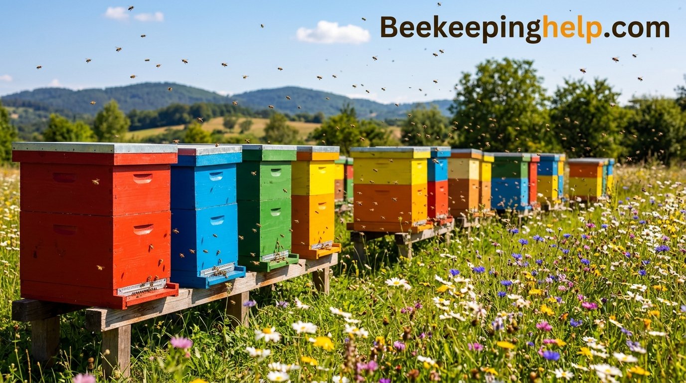 Colorful beehives in a meadow with bees flying around