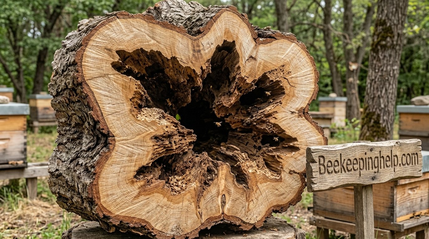 Cross-section view of a large old tree trunk showing multiple internal hollow pockets