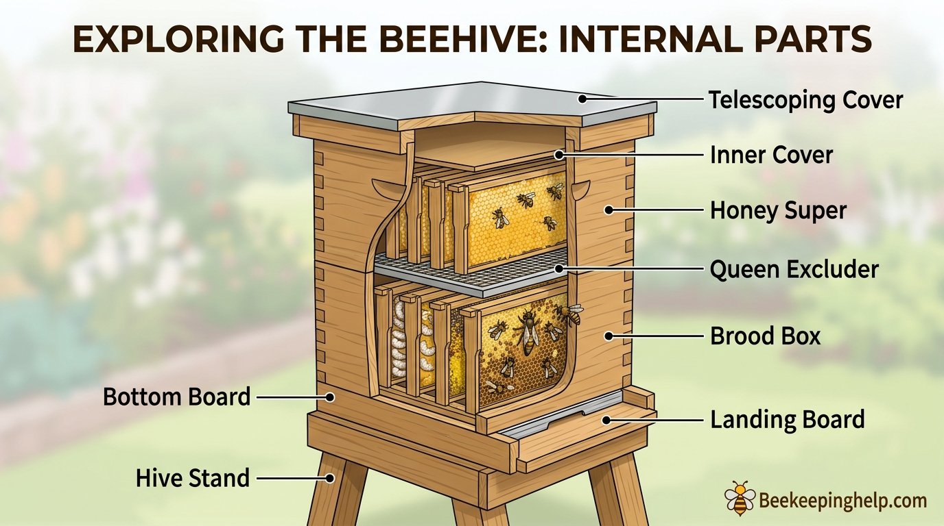 Cutaway illustration of a wooden beehive showing internal parts