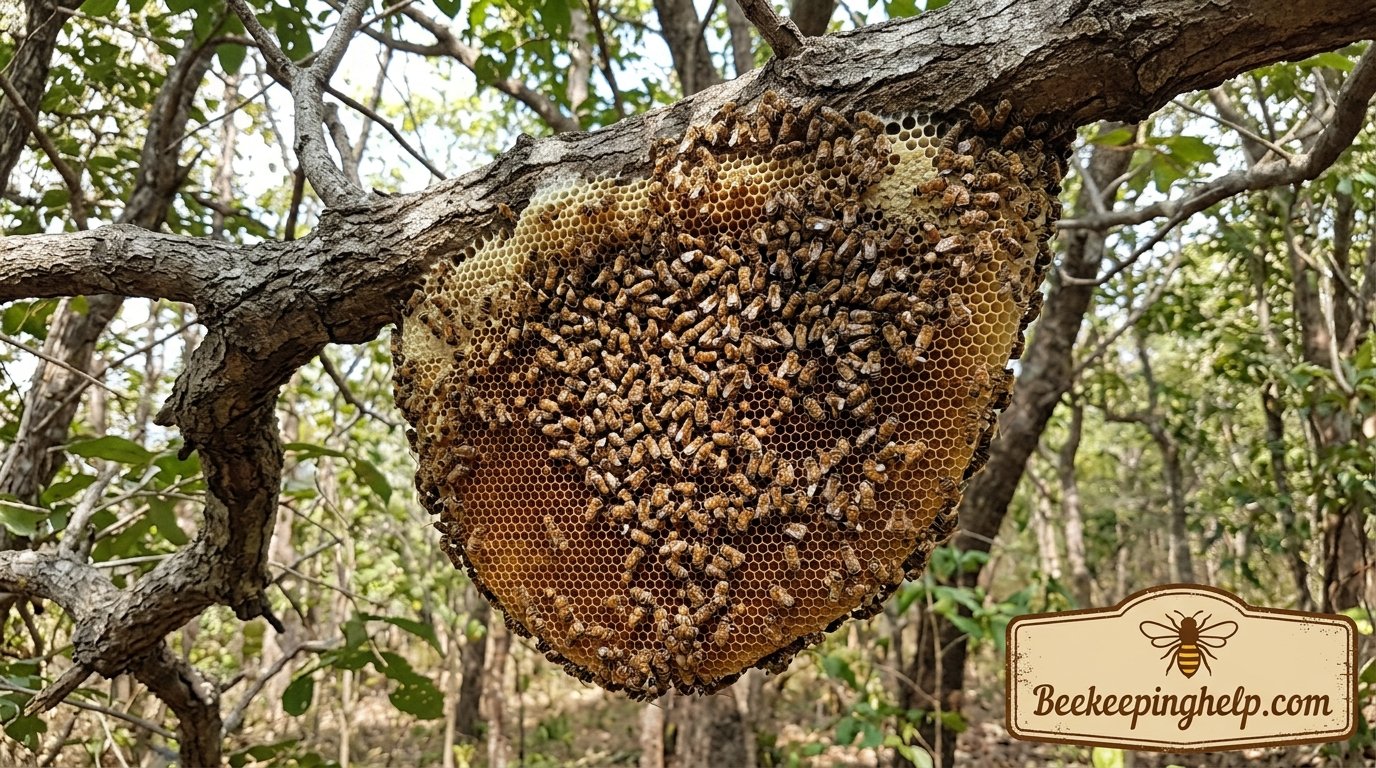 Exposed honeycomb hanging from a tree branch with bees covering the surface