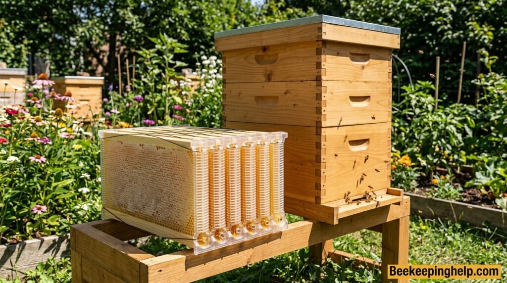 Flow Hive frame beside a traditional Langstroth wooden beehive in a backyard apiary