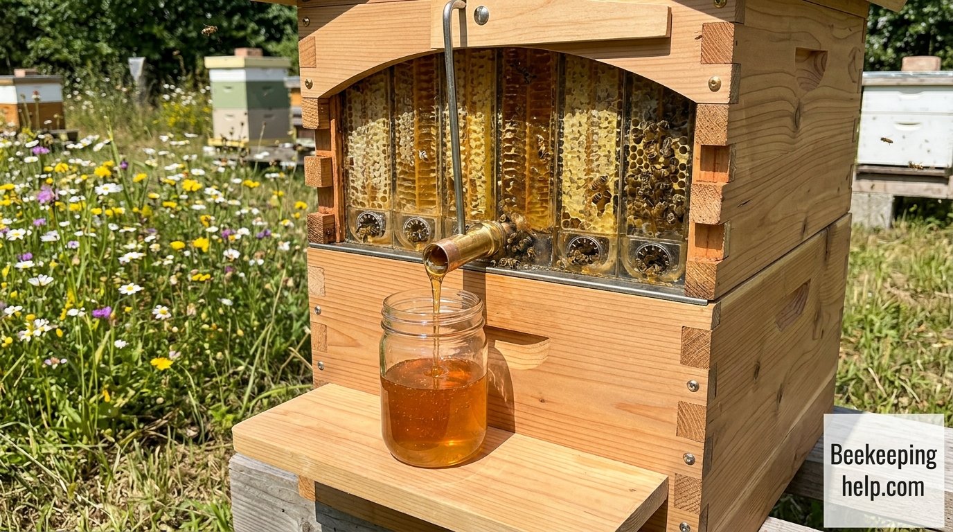 Flow Hive with honey flowing from a tap into a jar directly on the hive