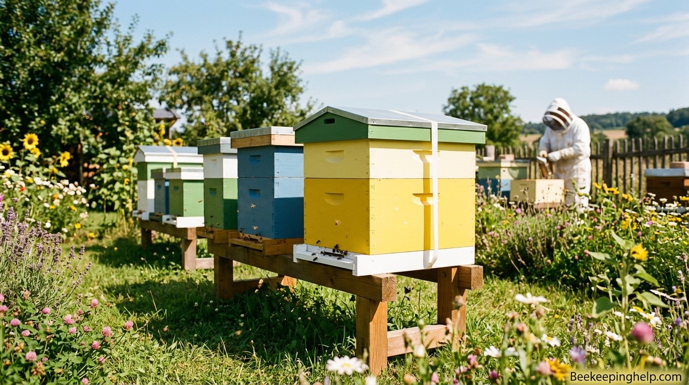 Freshly painted wooden beehive boxes sitting in a sunny apiary