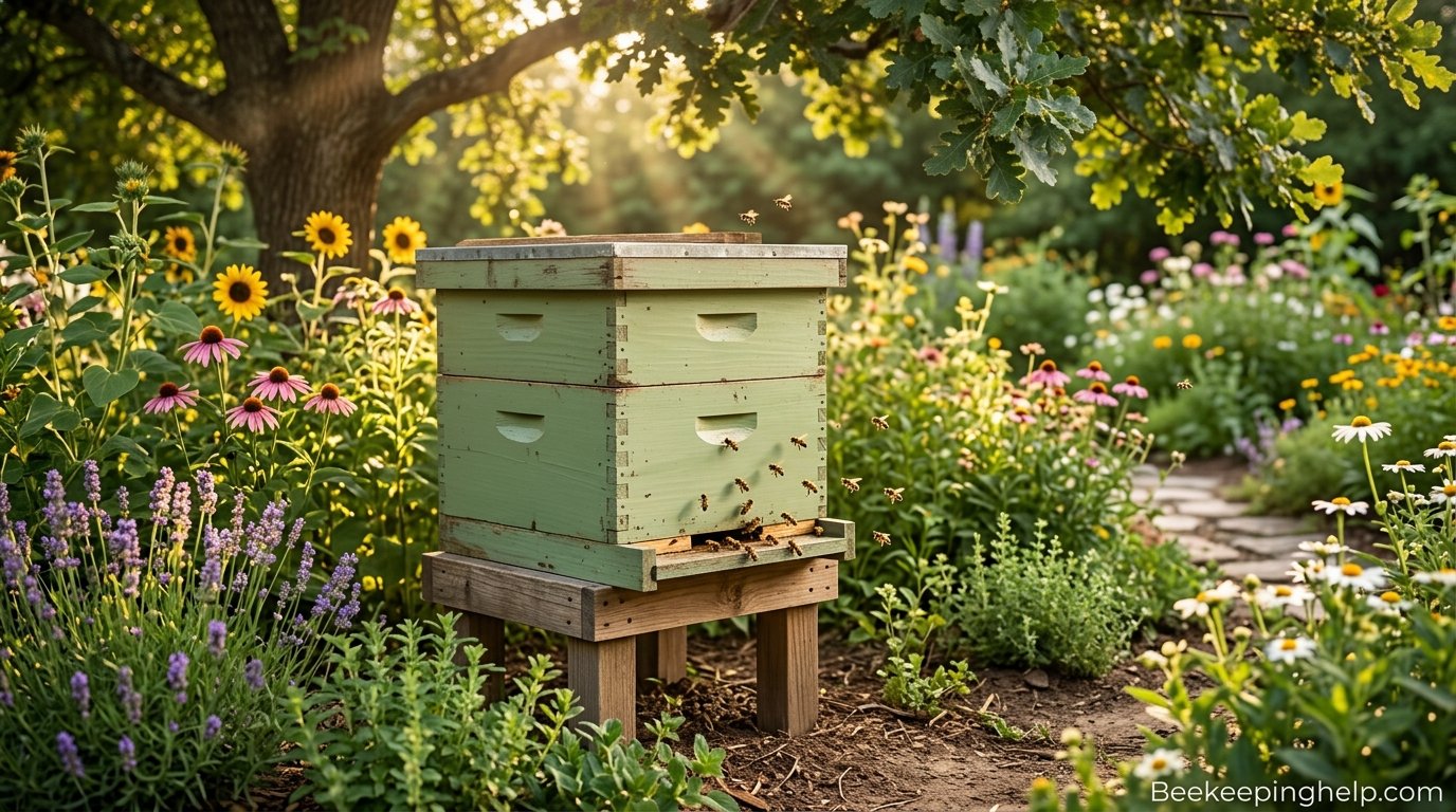 Handmade wooden beehive sitting in a sunny garden with bees flying around the entrance