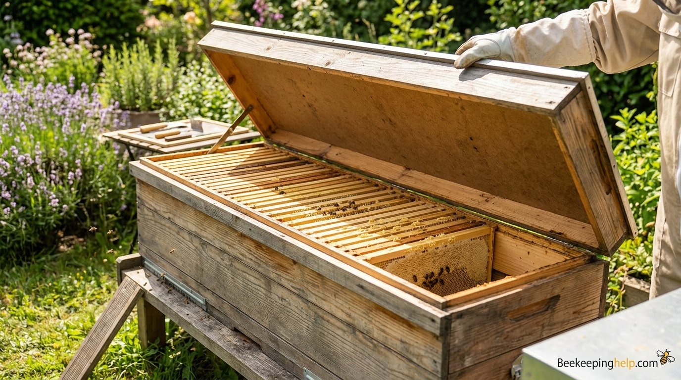 Horizontal hive with a long single-level body and a lifting lid showing frames inside