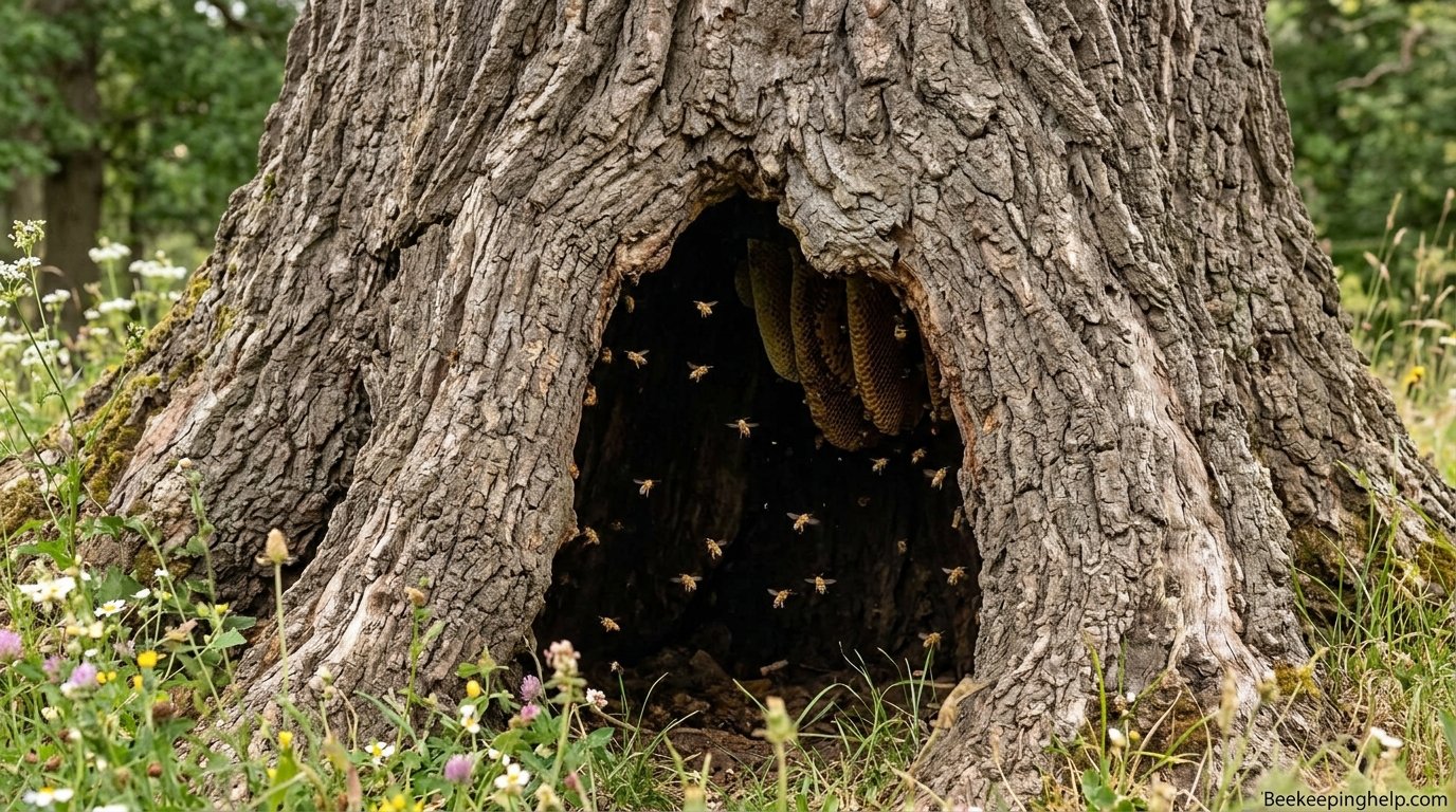 Large old hollow oak trunk with a dark cavity opening used by wild bees