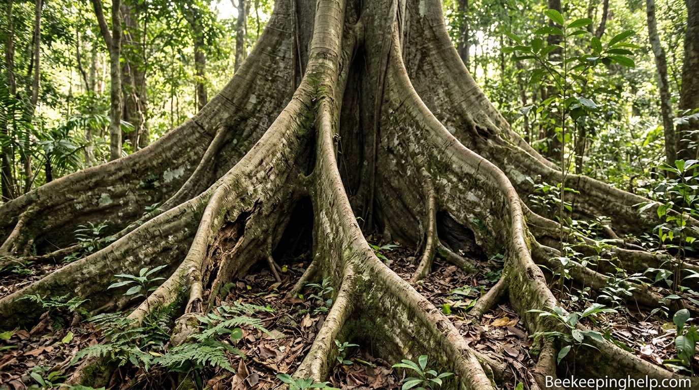 Large tree buttress roots with gaps and hollows near the base of an old tree trunk