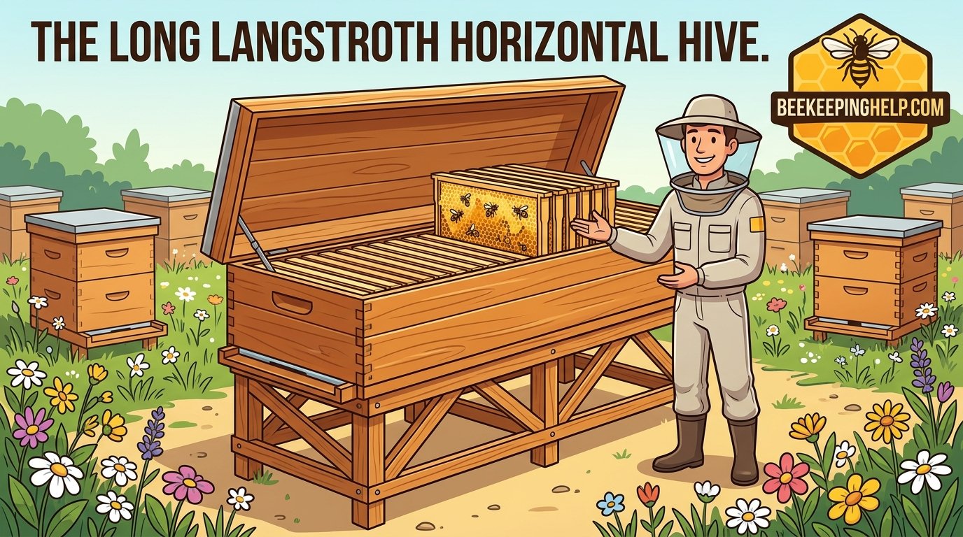 Long Langstroth horizontal hive with multiple frames arranged side by side on a sturdy stand