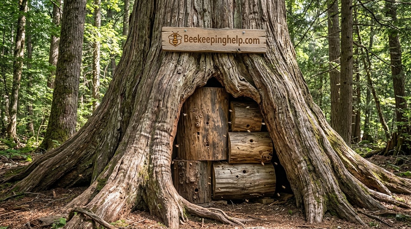 Massive ancient tree trunk with a wide base capable of holding a multi-chamber hive