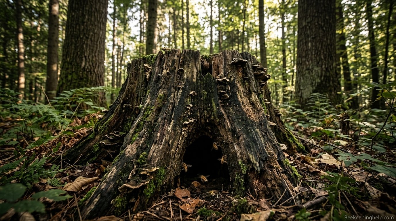 Old decaying tree stump with a dark hollow opening at ground level in a forest