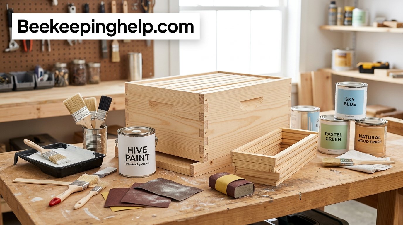 Paint cans, brushes, sandpaper and a beehive box laid out on a workbench