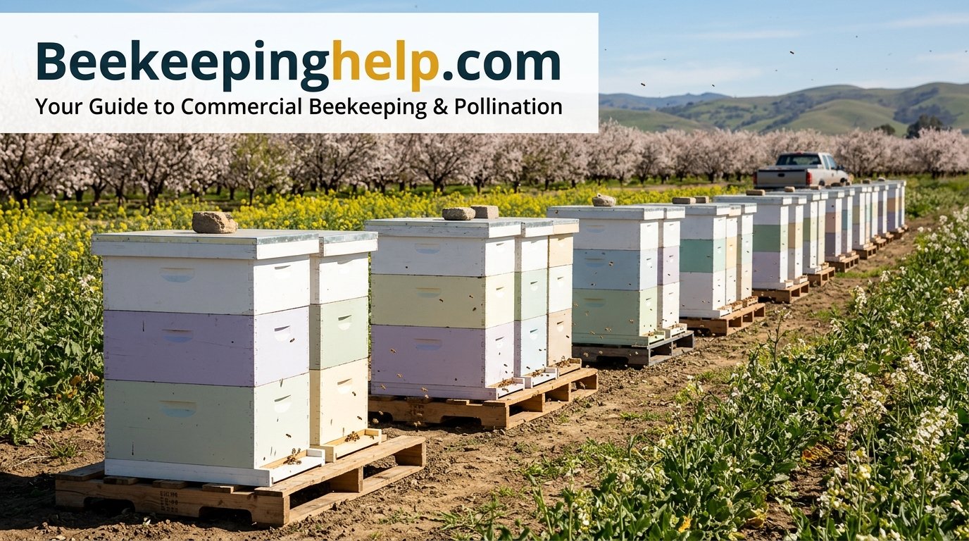 Row of commercial beehives on pallets in an agricultural field ready for pollination