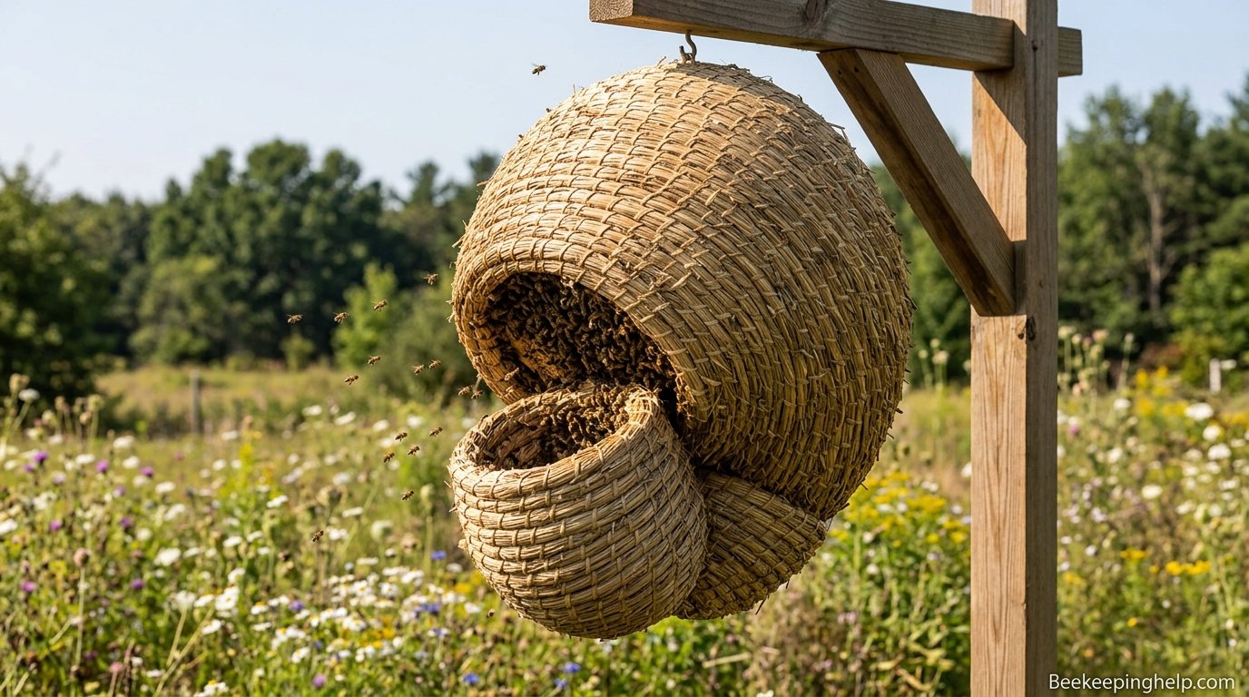 Sculptural Sun Hive with its distinctive crescent shape hanging from a support structure