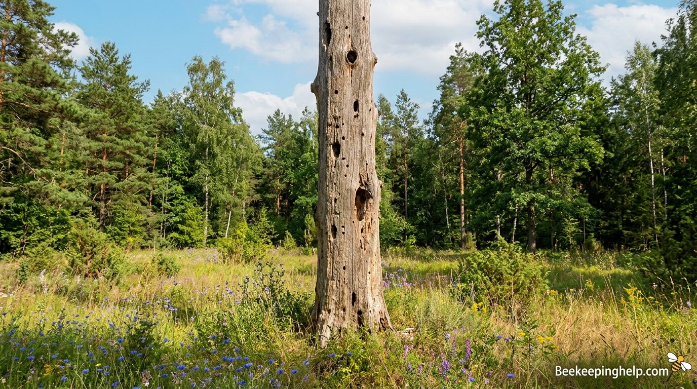 Standing dead tree snag in a forest clearing with weathered bark and cavities