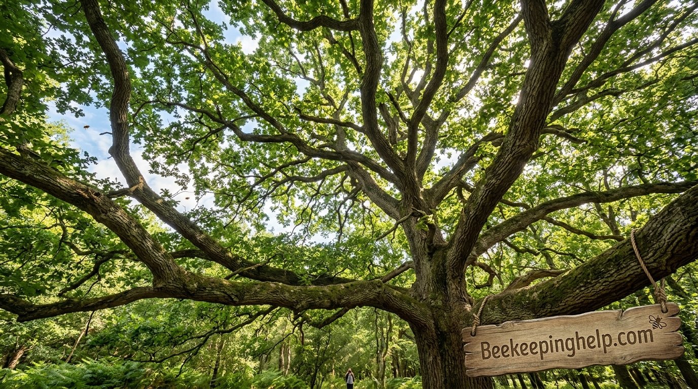Tall mature tree canopy with thick old limbs high above the ground