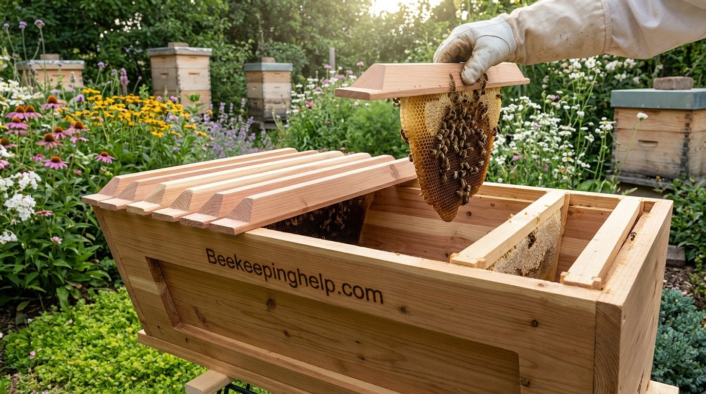 Top bar beehive with triangular wooden bars resting across the top of a long trough-shaped hive body