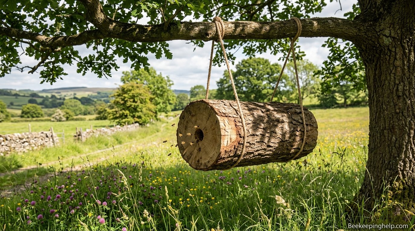 Traditional log beehive carved from a hollow tree trunk hanging in a rural setting