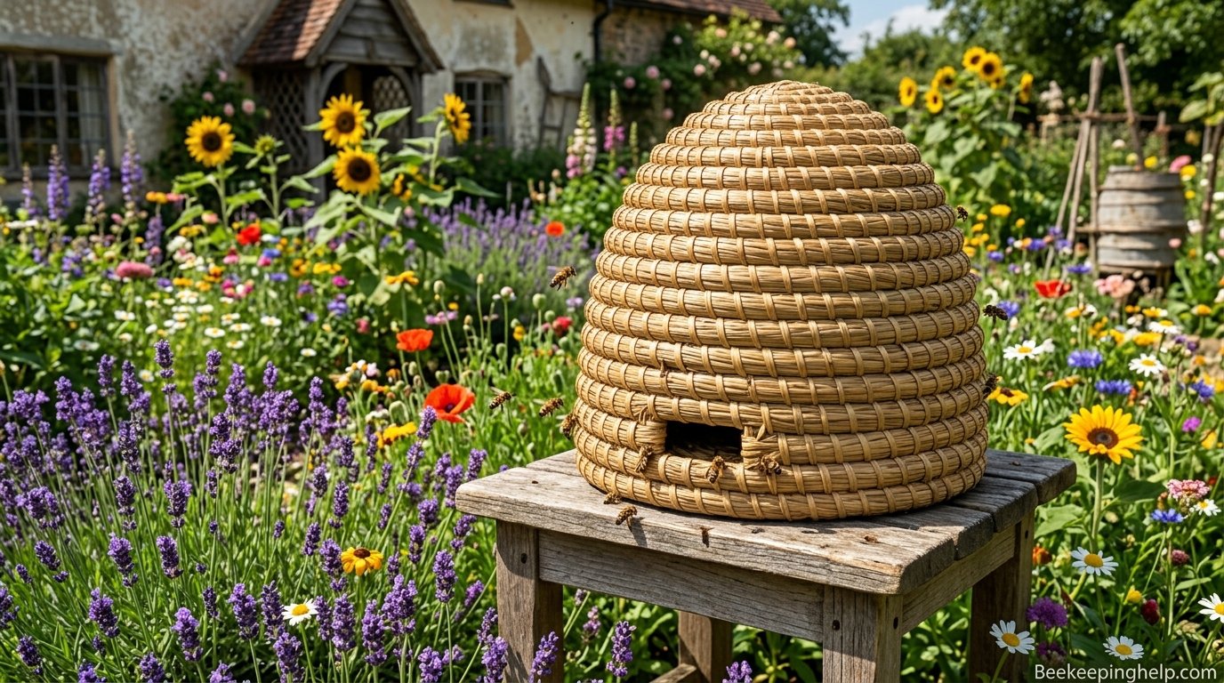 Traditional woven skep beehive made of straw coils sitting in a flower garden