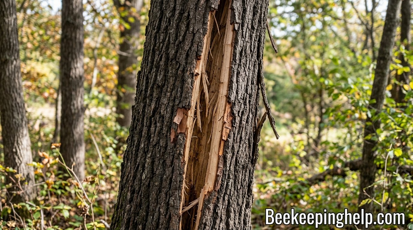 Tree trunk with a deep vertical split from storm damage exposing the wood beneath the bark