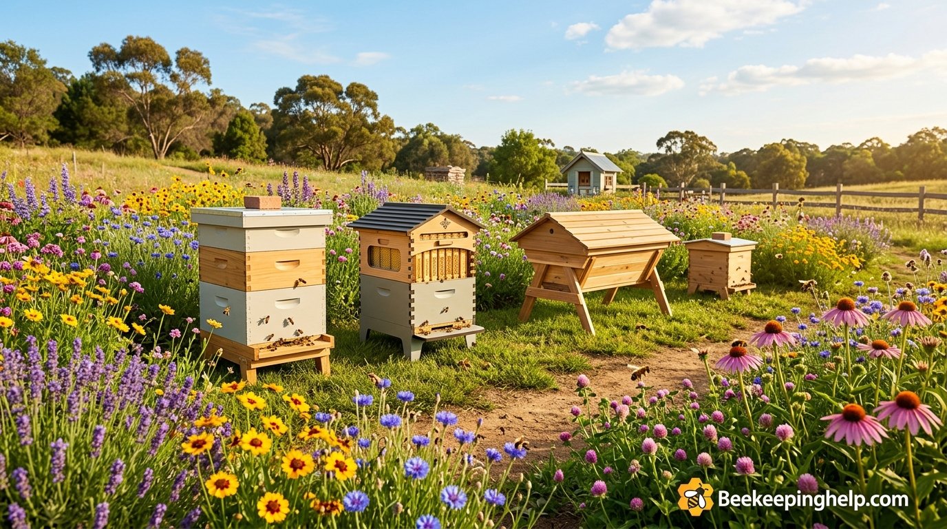 Various beehive types arranged in a sunny apiary with blooming wildflowers