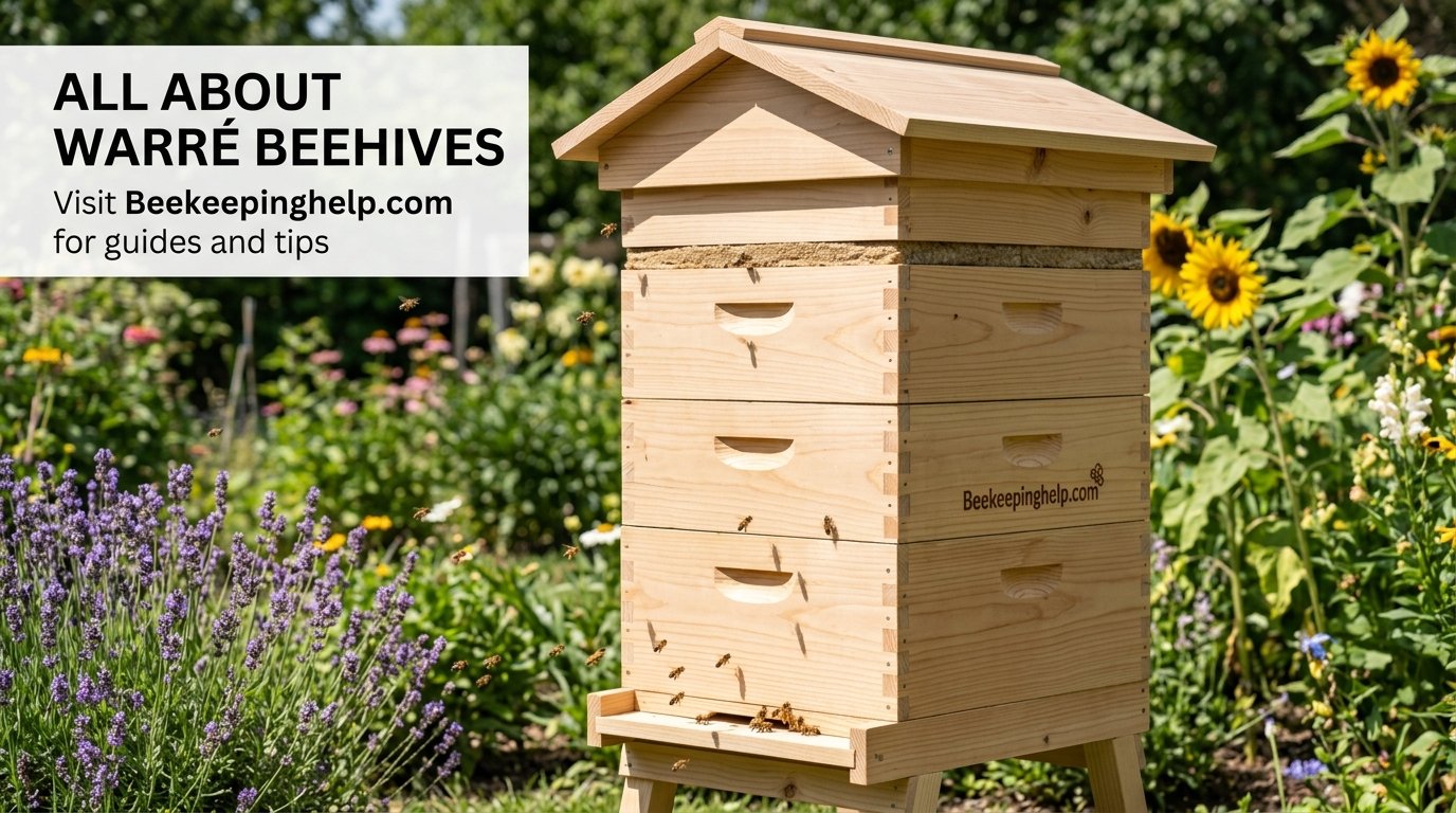 Warré beehive stacked boxes with a quilt box and sloped roof in a garden setting