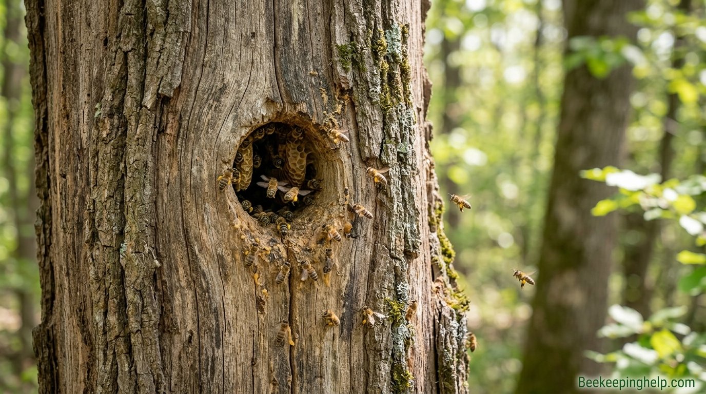 Weathered tree trunk with a round woodpecker cavity hole used as a bee hive entrance