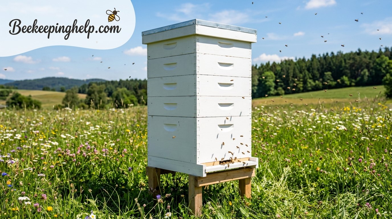 White Langstroth beehive stacked with multiple supers in a green meadow