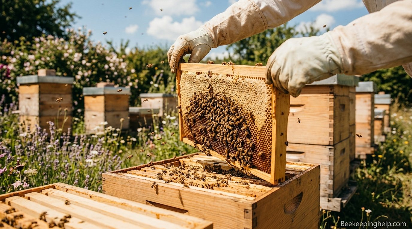 Wooden beehive frames in a sunny apiary with bees flying around