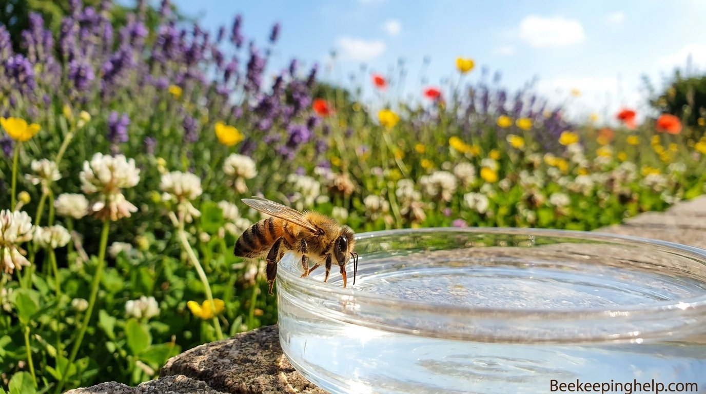 A honey bee sipping syrup from a shallow feeder beside a flowering meadow