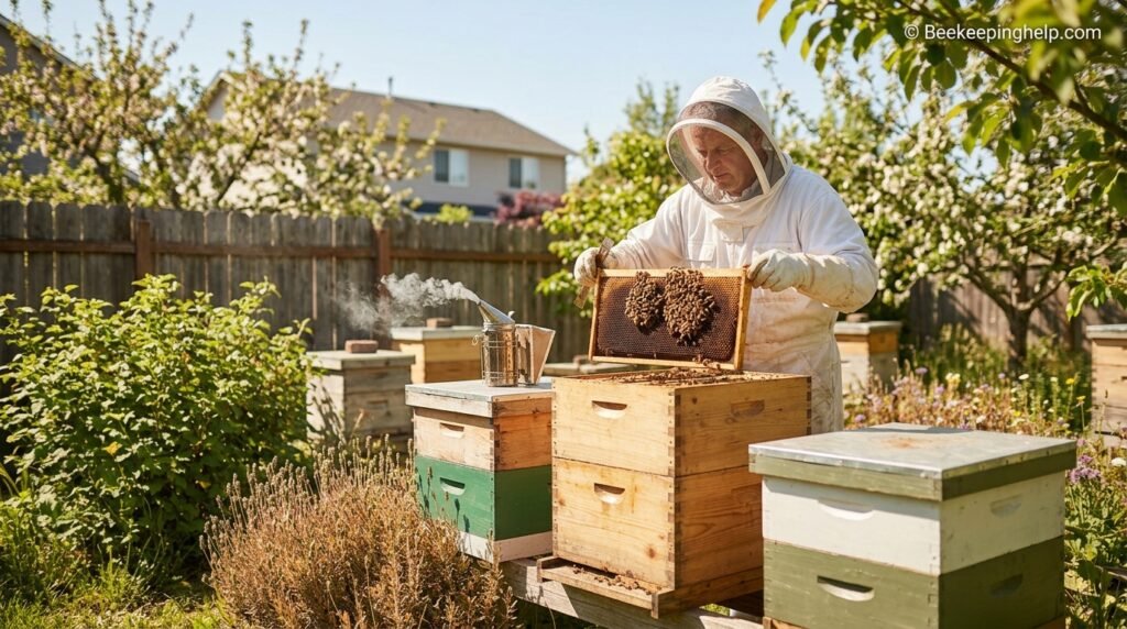 Beehive frames during a summer nectar dearth with bees clustered on empty comb