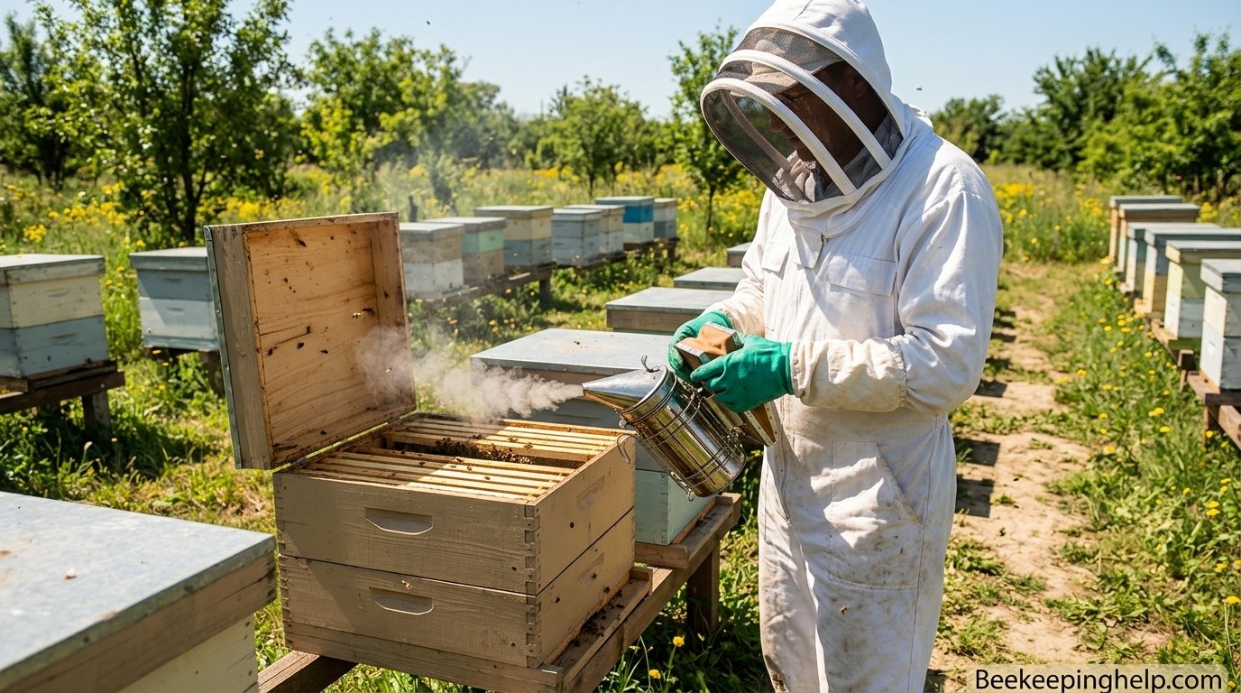 Beekeeper holding a lit bee smoker beside an open hive