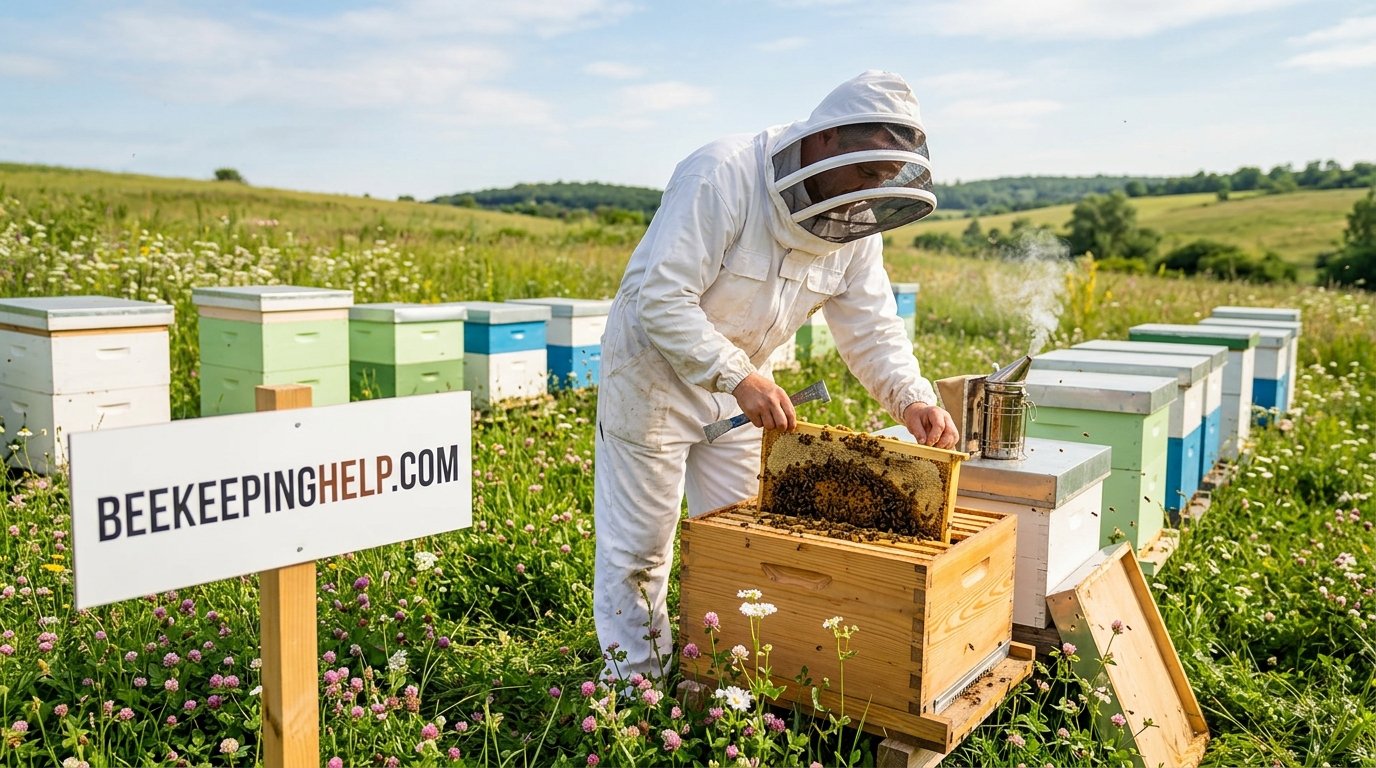 Beekeeper in a full white bee suit and veil working near hives