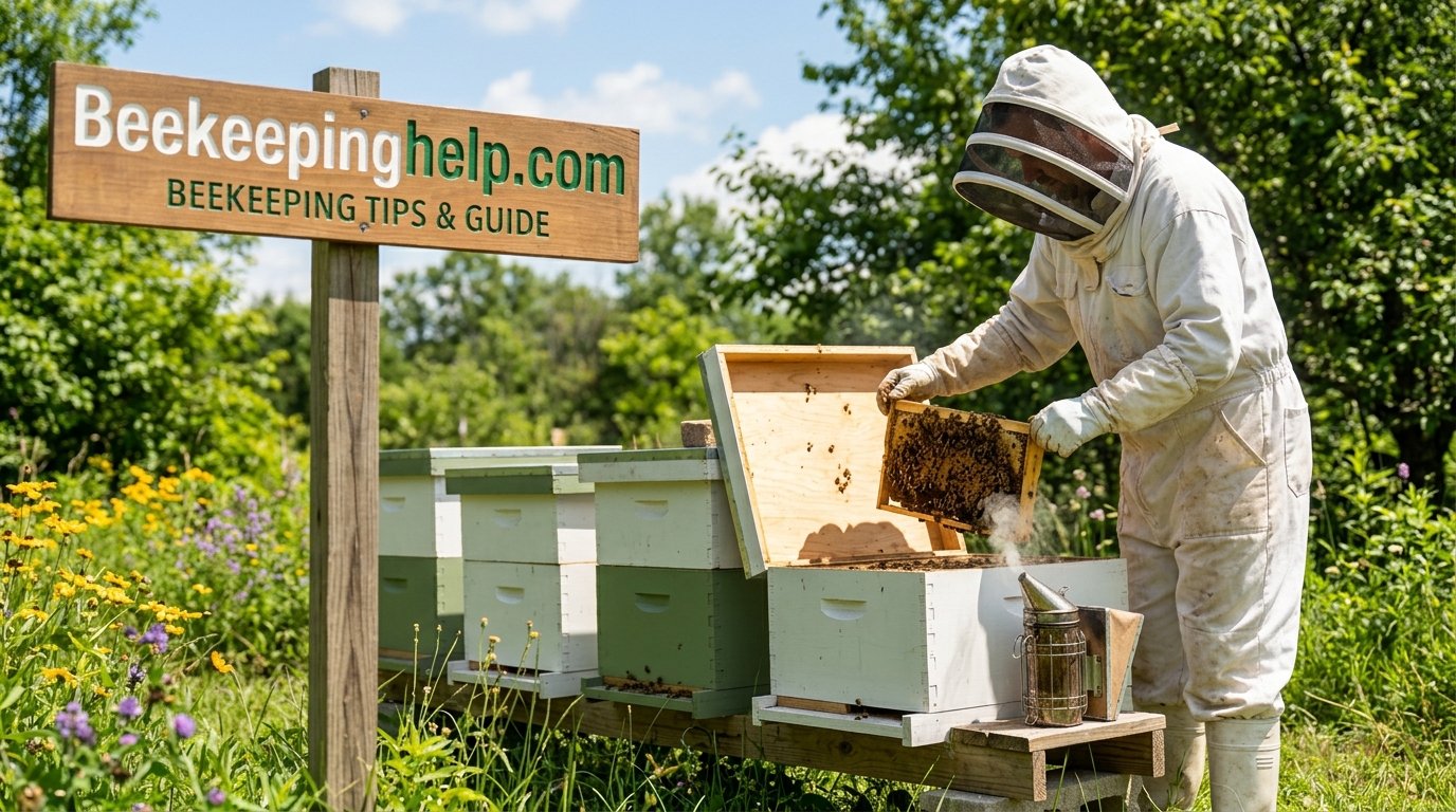 Beekeeper in a white protective bee suit working beside open hives in a sunny apiary