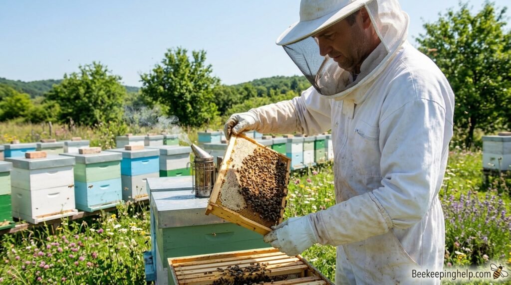 Beekeeper inspecting a frame from a Langstroth hive in a sunny apiary