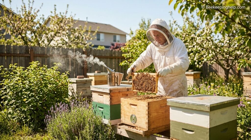 Beekeeper inspecting a small five-frame nuc box in an apiary