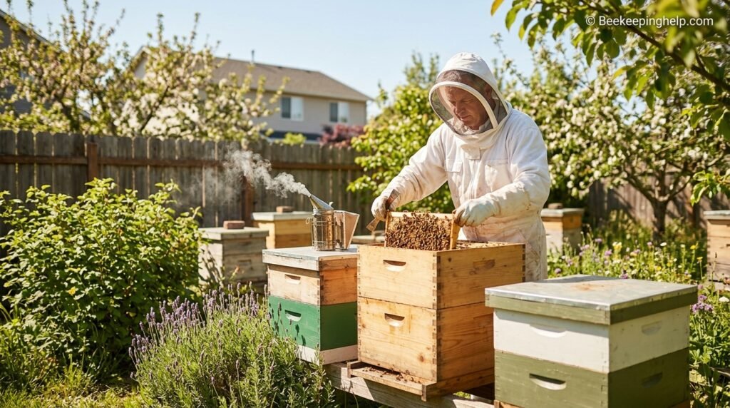Beekeeper inspecting a wooden Langstroth hive in a sunny backyard apiary
