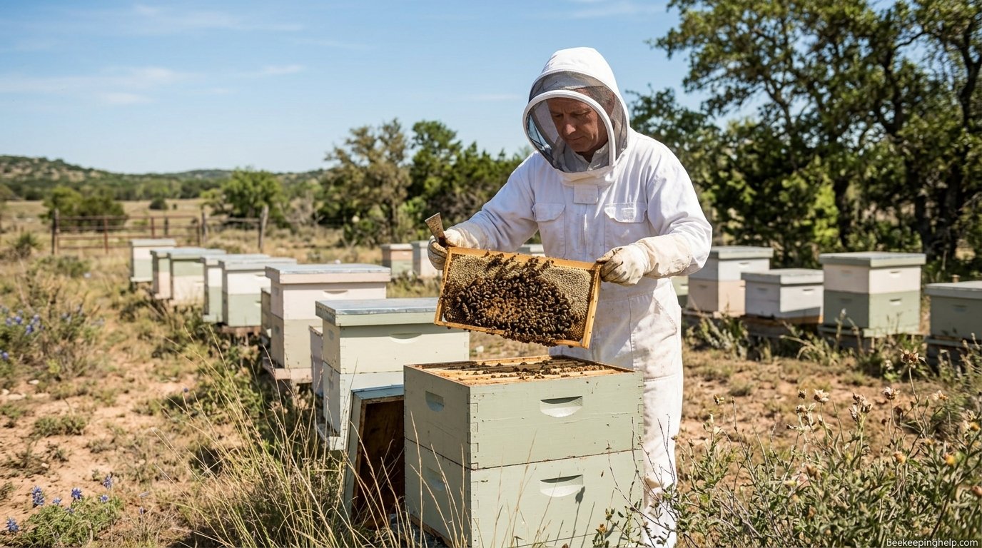 Beekeeper inspecting a hive frame in a Texas apiary