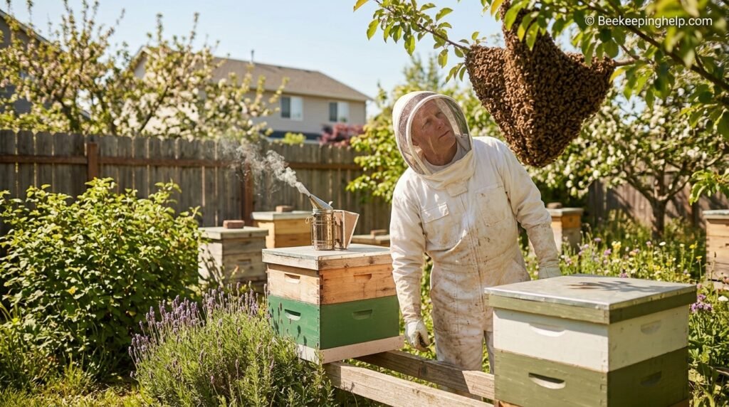 Beekeeper observing a swarm of bees clustered on a tree branch
